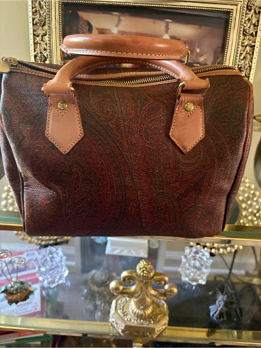 Etro Brown Paisley Satchel with Tan Leather Trim